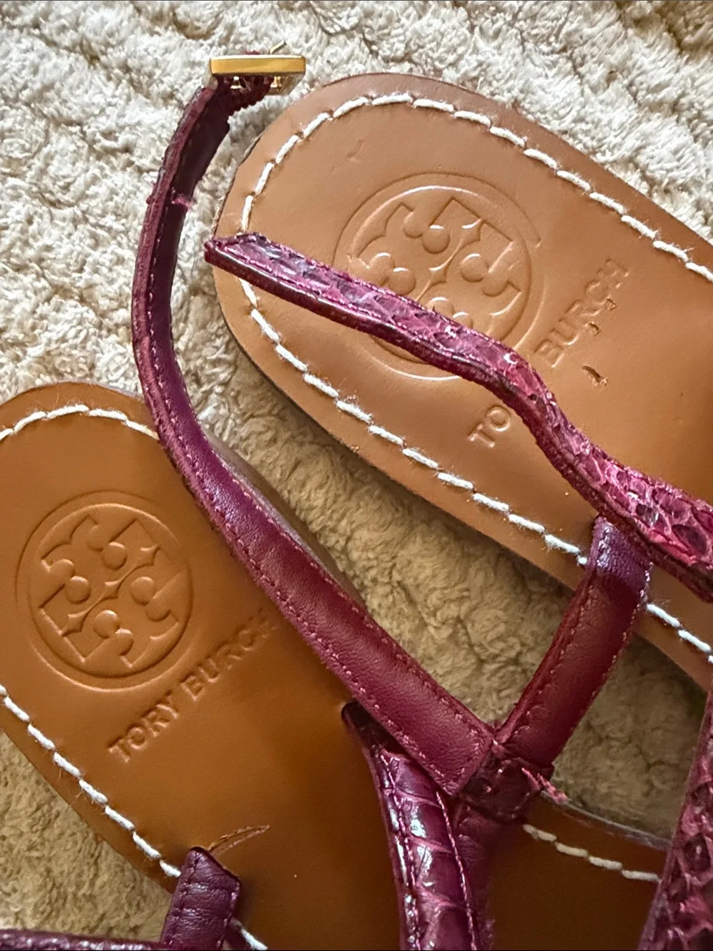 Tory Burch Alfie Snakeskin Leather Sandals with Gold Logo